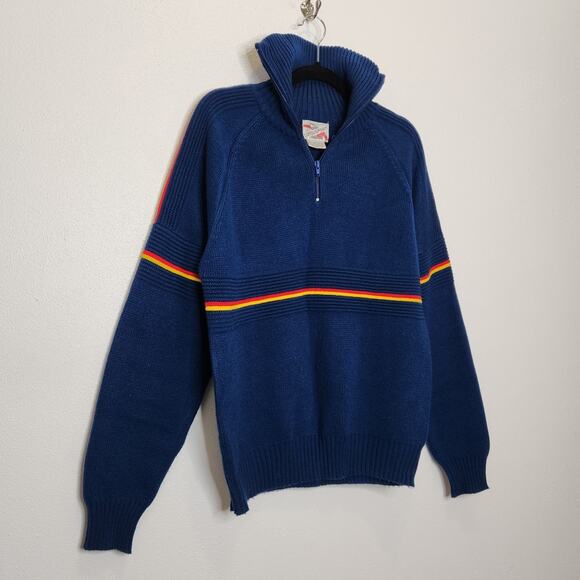 Vintage 70s 80s Campusport Large Neon Stripe Prep Sweater 1/4 Zip - Picture 2 of 5